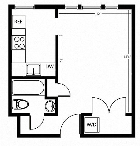 Floor plan for studio, 1 bath, 400 sqft